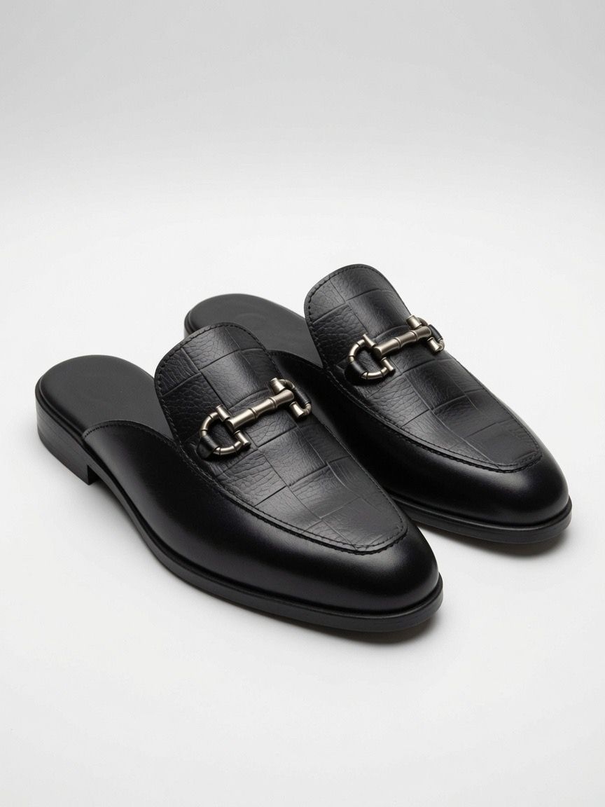 Black Croc-Embossed Mule with Horsebit Detail