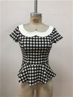 womens summer plaid short sleeve top patchwork elegant cotton slim blouse ladies chic t shirt