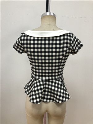 womens summer plaid short sleeve top patchwork elegant cotton slim blouse ladies chic t shirt
