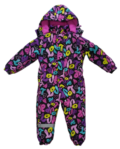 Kidswear factory waterproof skiwear padded snowsuits for girls boyes with warm padding fleece lining detachable hoody custom digital allover printing