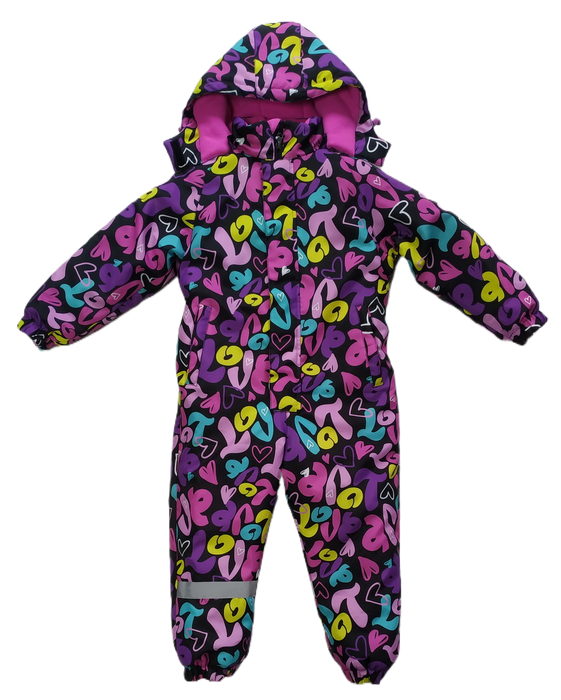 Kidswear factory waterproof skiwear padded snowsuits for girls boyes with warm padding fleece lining detachable hoody custom digital allover printing