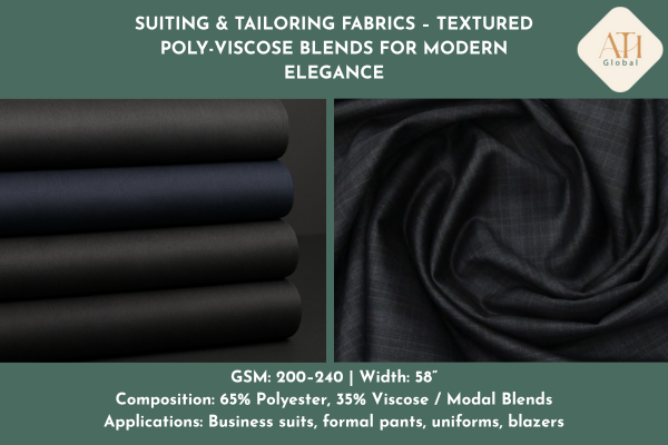 Suiting & Tailoring Fabrics – Textured Poly-Viscose Blends for Modern Elegance