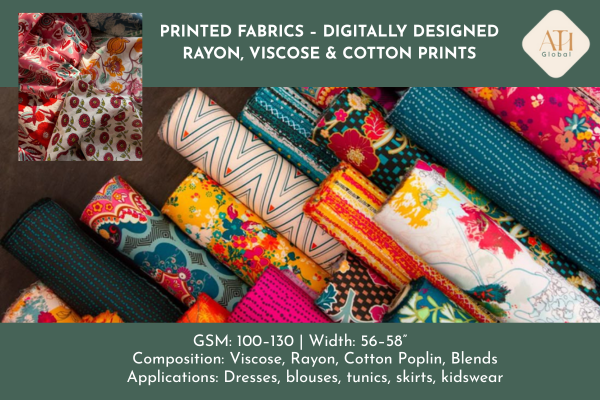 Printed Fabrics – Digitally Designed Rayon, Viscose & Cotton Prints