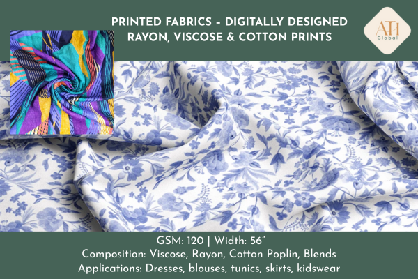 Printed Fabrics – Digitally Designed Rayon, Viscose & Cotton Prints