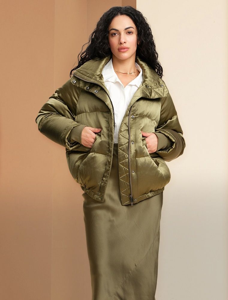 Signature Puffer in Army Green Silk Wool Satin