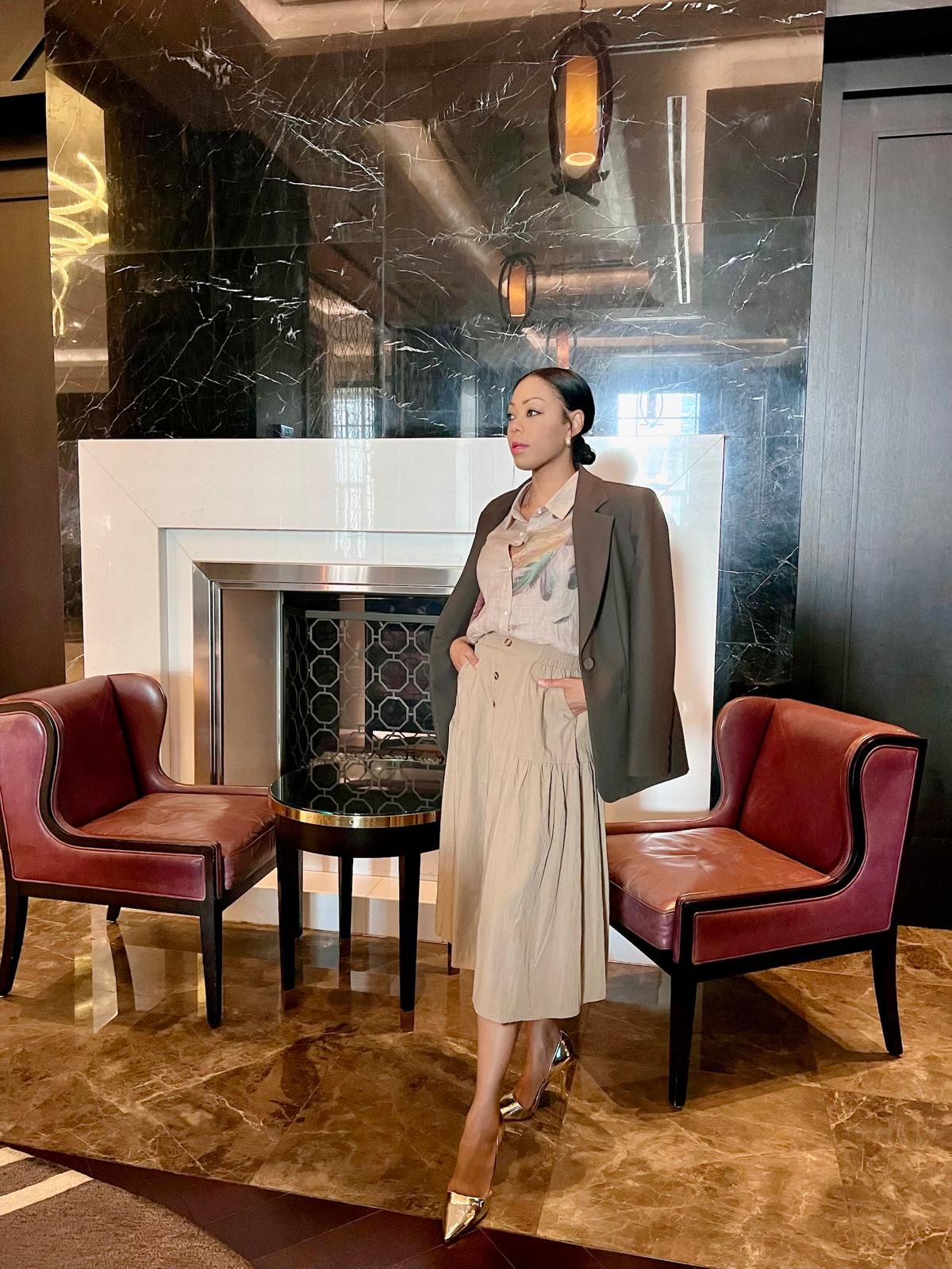 Elegant High-Waist Midi Skirt & Blazer Ensemble