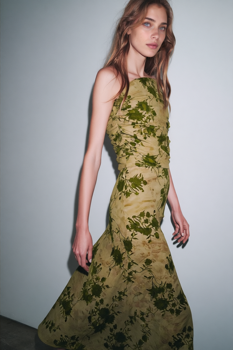 Ruched Sleeveless Maxi Dress in Flocking fabric