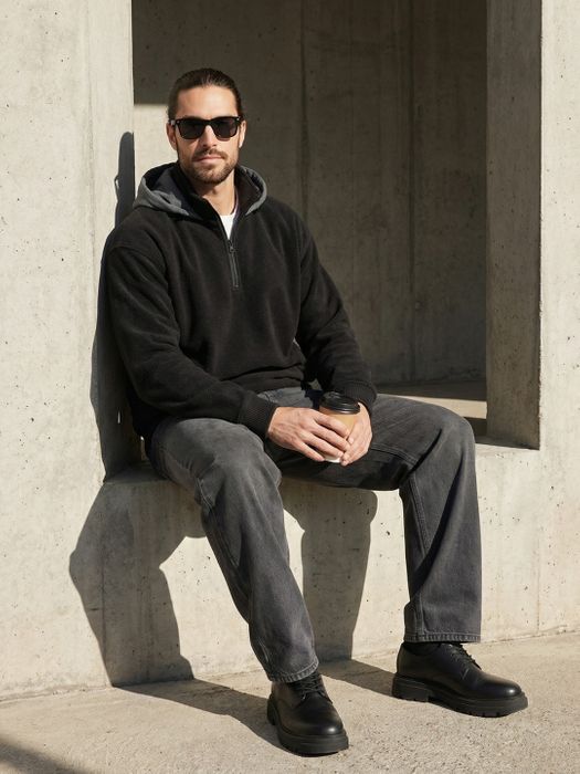 Half Zip Fleece Sweatshirt with detachable hoodie and graphic print