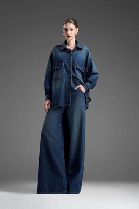 Oversized denim shirt and wide-leg jeans set