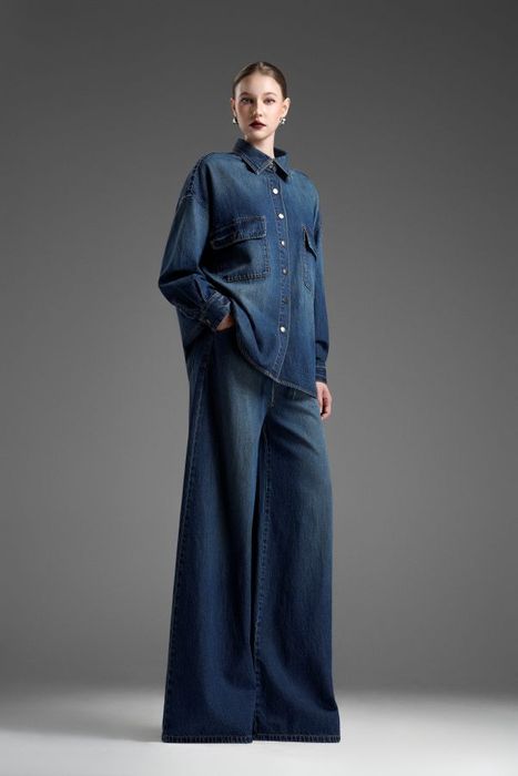 Oversized denim shirt and wide-leg jeans set