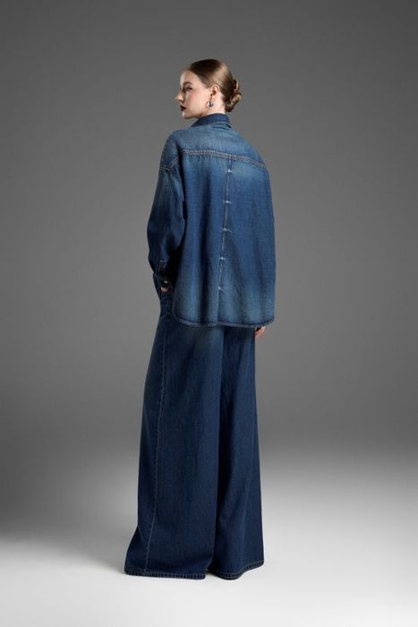 Oversized denim shirt and wide-leg jeans set