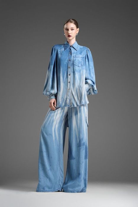 Puff-sleeve denim shirt and wide-leg trousers set