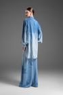 Puff-sleeve denim shirt and wide-leg trousers set