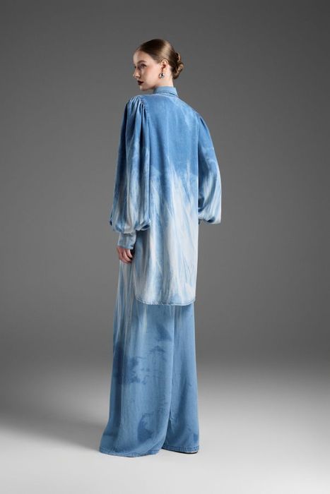 Puff-sleeve denim shirt and wide-leg trousers set