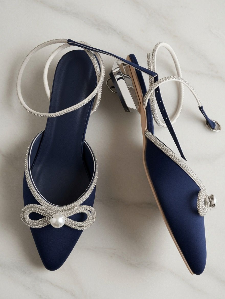Navy Embelished Slingback Heels