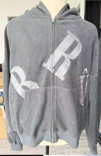 Unisex streetwear terry zip hoodie with applique