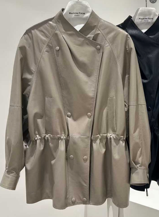 Clophilos Women's Stand-collar Drawstring Waist Leather Jacket - Taupe Grey