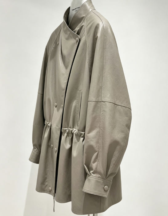 Clophilos Women's Stand-collar Drawstring Waist Leather Jacket - Taupe Grey