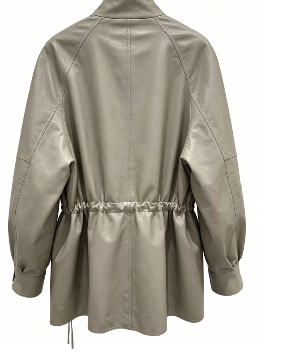 Clophilos Women's Stand-collar Drawstring Waist Leather Jacket - Taupe Grey