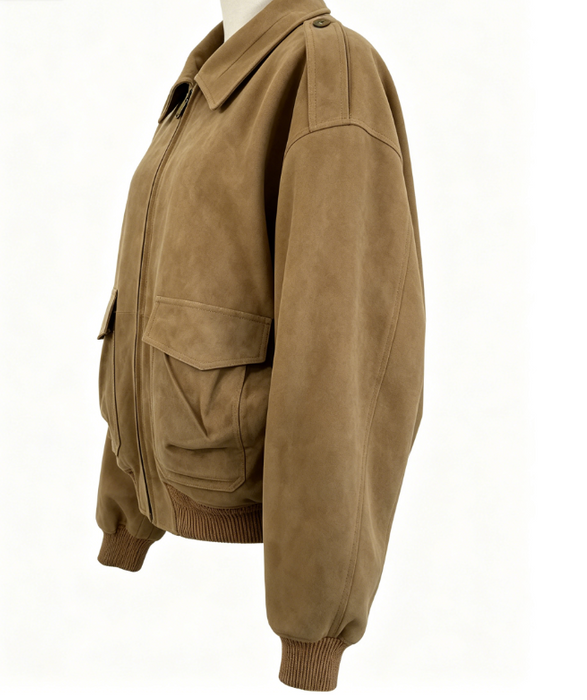 Clophilos Women's Camel Genuine Suede Leather Bomber Jacket - Oversized Vintage Style