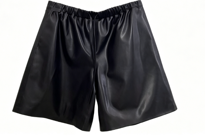 Clophilos Women's Black Elastic Waist Wide Leg Leather Shorts - Knee Length Casual Style