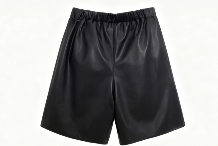 Clophilos Women's Black Elastic Waist Wide Leg Leather Shorts - Knee Length Casual Style