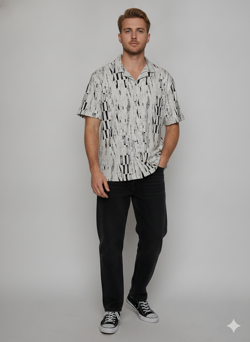 Mono Print Camp Shirt and Black Trouser