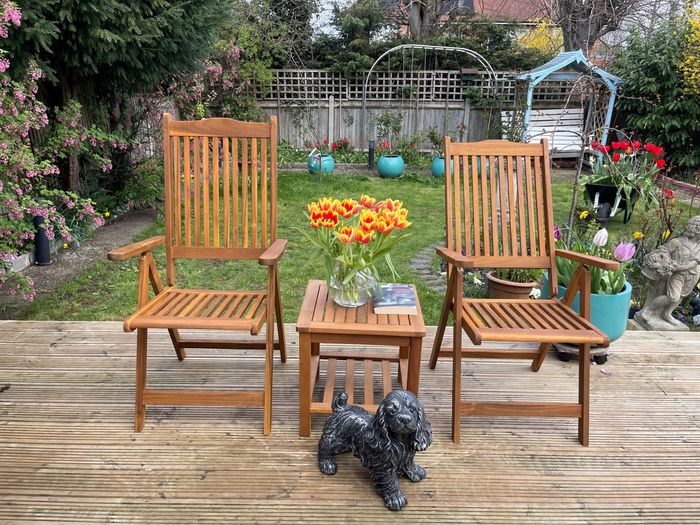 Crawley Camping/ Relax Set FSC 100% Acacia Wood natural colour and fabric (1 table + 2 chairs)