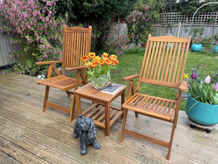 Crawley Camping/ Relax Set FSC 100% Acacia Wood natural colour and fabric (1 table + 2 chairs)