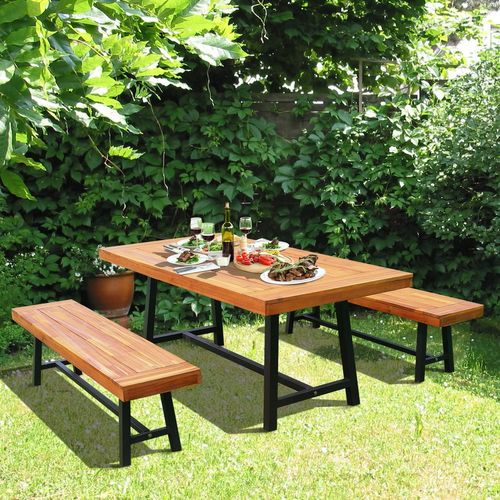 Dining Set 6 Seater Metal Frame with Acacia Wood Natural Colour