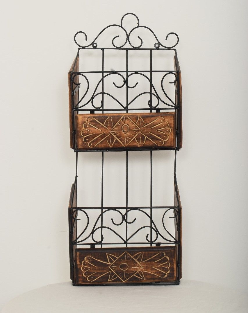 Wooden & Iron Magazine Holder with Handcarving