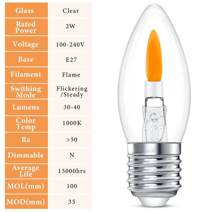 HEWA-Tech E14 Candle Bulb 1000K Warm White 2W Flicker Flame Light Bulb Two Light Modes Christmas Chandelier Flickering Light Bulbs Crystal Clear Candle Bulb for E14 Candelabra Base
