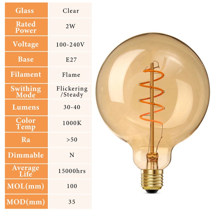 HEWA-Tech e27 Vintage led Light Bulbs 2700K Warm White Edison dimmable Screw Light Bulb (G125-amber-e27)