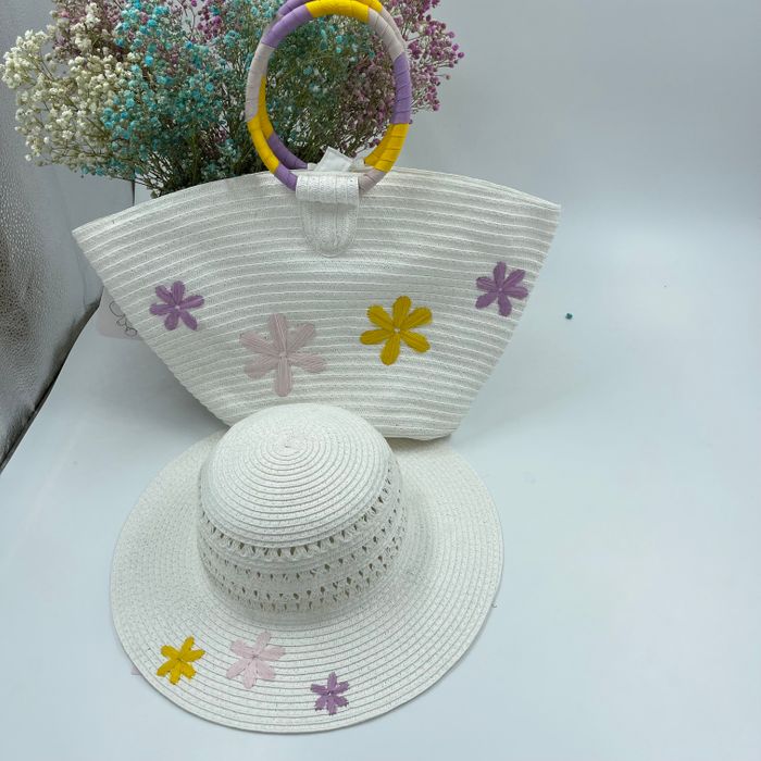 kids paper straw hat beach hat paper straw bag with bow with flowers