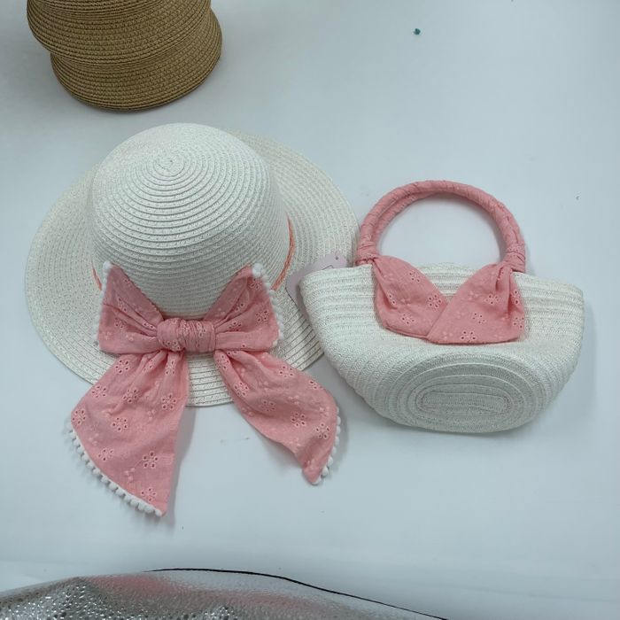 kids paper straw hat beach hat paper straw bag with bow with flowers