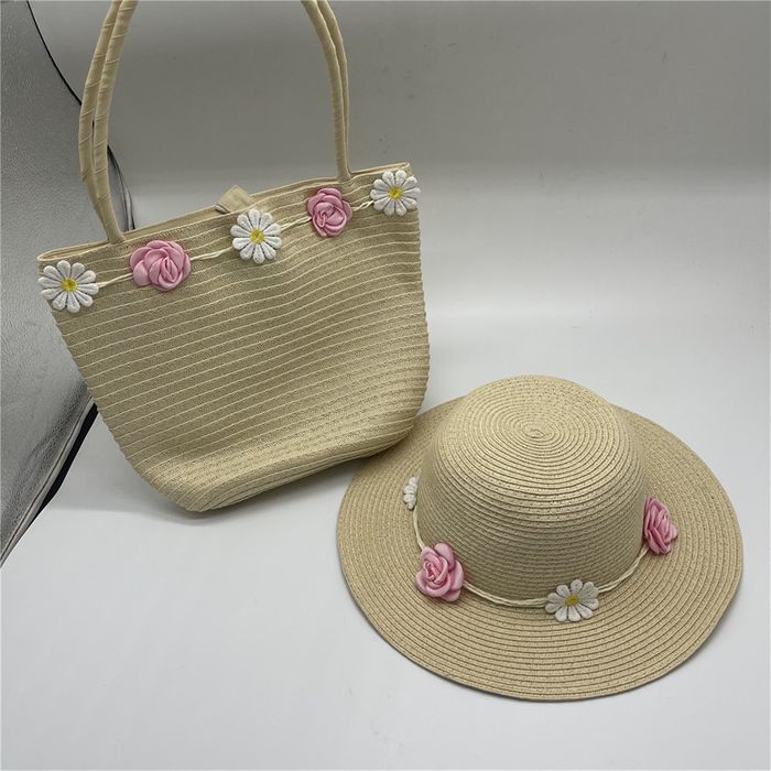 kids paper straw hat beach hat paper straw bag with bow with flowers