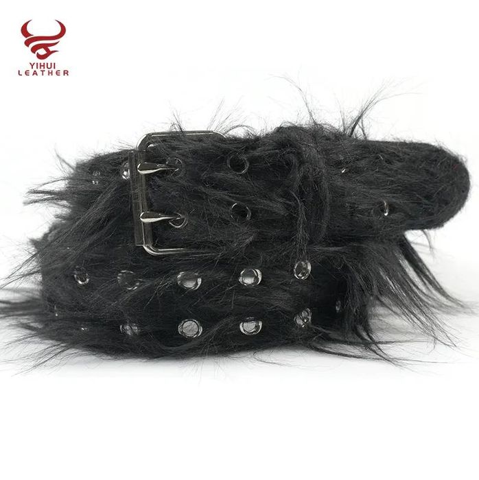 Wholesale fancy faux fur leather punk belt men double pin buckle double studded holes black horse hair PU leather belt for women