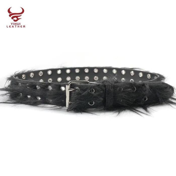 Wholesale fancy faux fur leather punk belt men double pin buckle double studded holes black horse hair PU leather belt for women