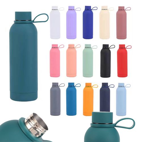 Custom Logo Double Wall Vacuum Insulated Bottles Soft Rubber Coated 350ml 500ml 750ml 1000ml Small Mouth Stainless Steel Sports Water Bottle with handle ring