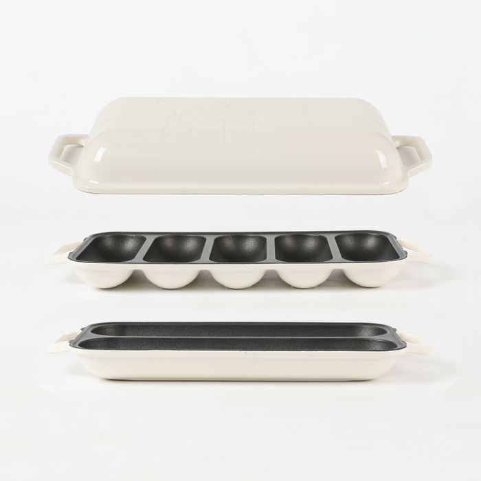 Enameled Cast Iron French Baguette Baker, Hot Dog Bake Tray, Baguette Pan with Handles and Lid, Ryster White