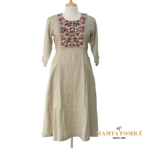 Off - White  Linen Hand Embroidered Kurta