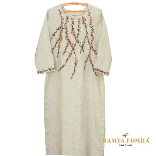 Off - White  Linen Hand Embroidered Kurta