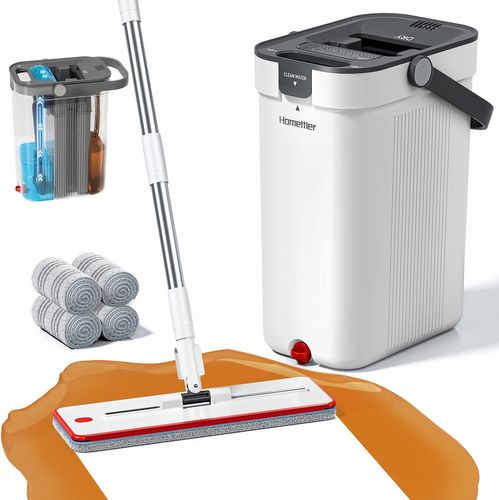 SM002-32B Mop and Bucket Set, Flat Mop and Bucket System with Separate Dirty and Clean Water, 3-Compartment Wall Cleaner Mop, Flat Mops for Floor Cleaning