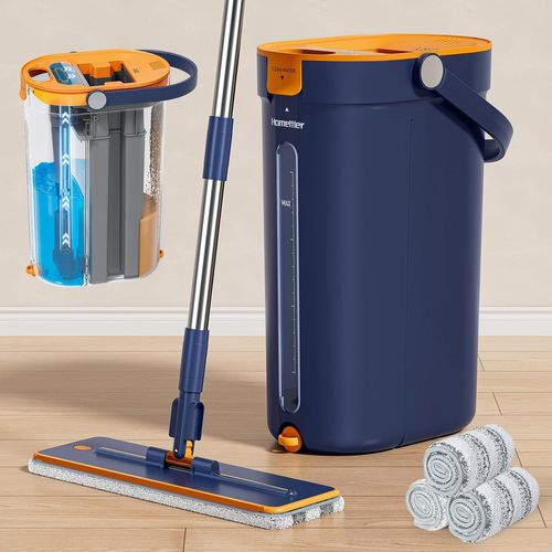 SM001-36 Mop and Bucket Set with Wringer, 3-Tank Flat Mop and Bucket System, Wall Mop Cleaner with Long Handle, Hands Free Mops for Floor Cleaning with 2 Microfiber Pads