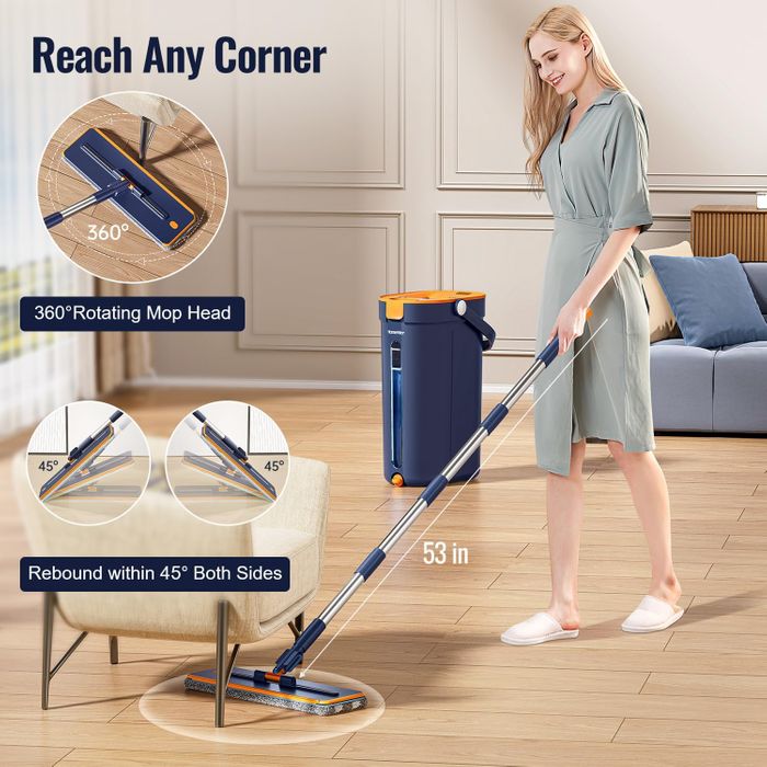 SM001-36 Mop and Bucket Set with Wringer, 3-Tank Flat Mop and Bucket System, Wall Mop Cleaner with Long Handle, Hands Free Mops for Floor Cleaning with 2 Microfiber Pads