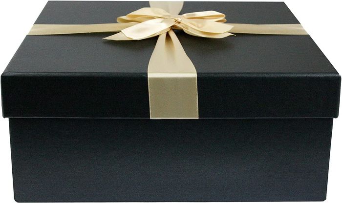 Black Box with Black Lid, Brown Interior and Gold Satin Decorative Ribbon