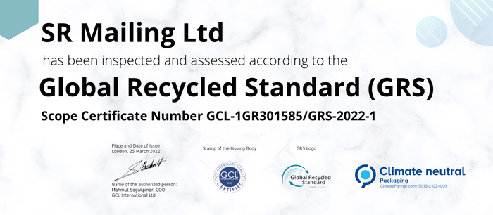 SR Mailing Mail Bags - Certified Under the Global Recycled Standard (GRS)