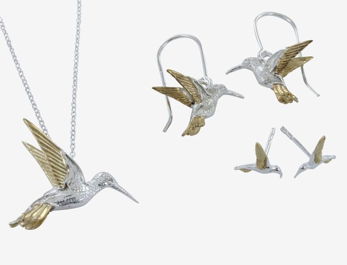 Silver and Golden Hummingbird Drop Earrings