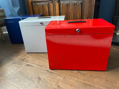 Metal Coloured File Boxes. Made in UK.