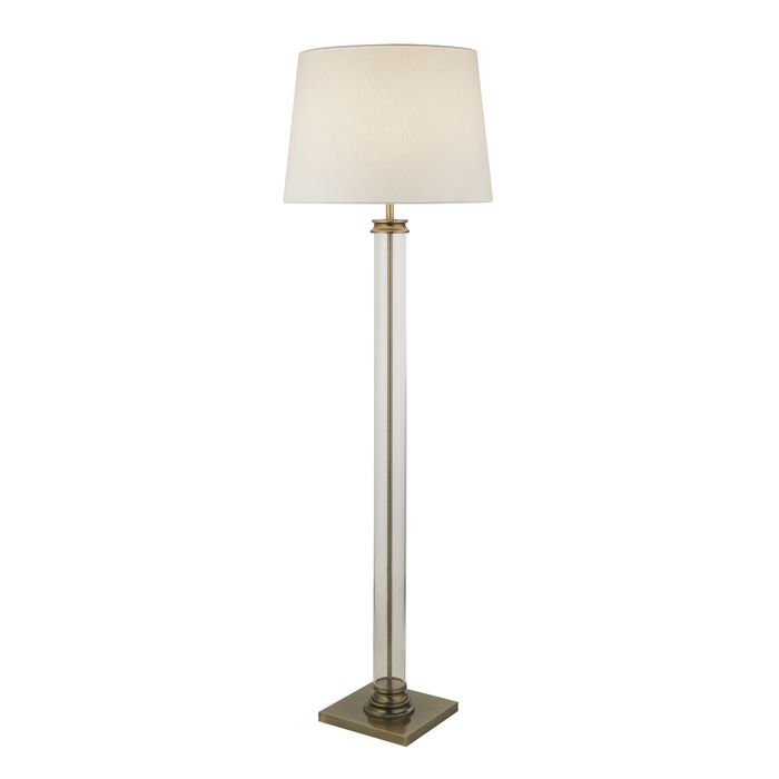 Pedestal Floor Lamp - Antique Brass, Glass & Cream Fabric